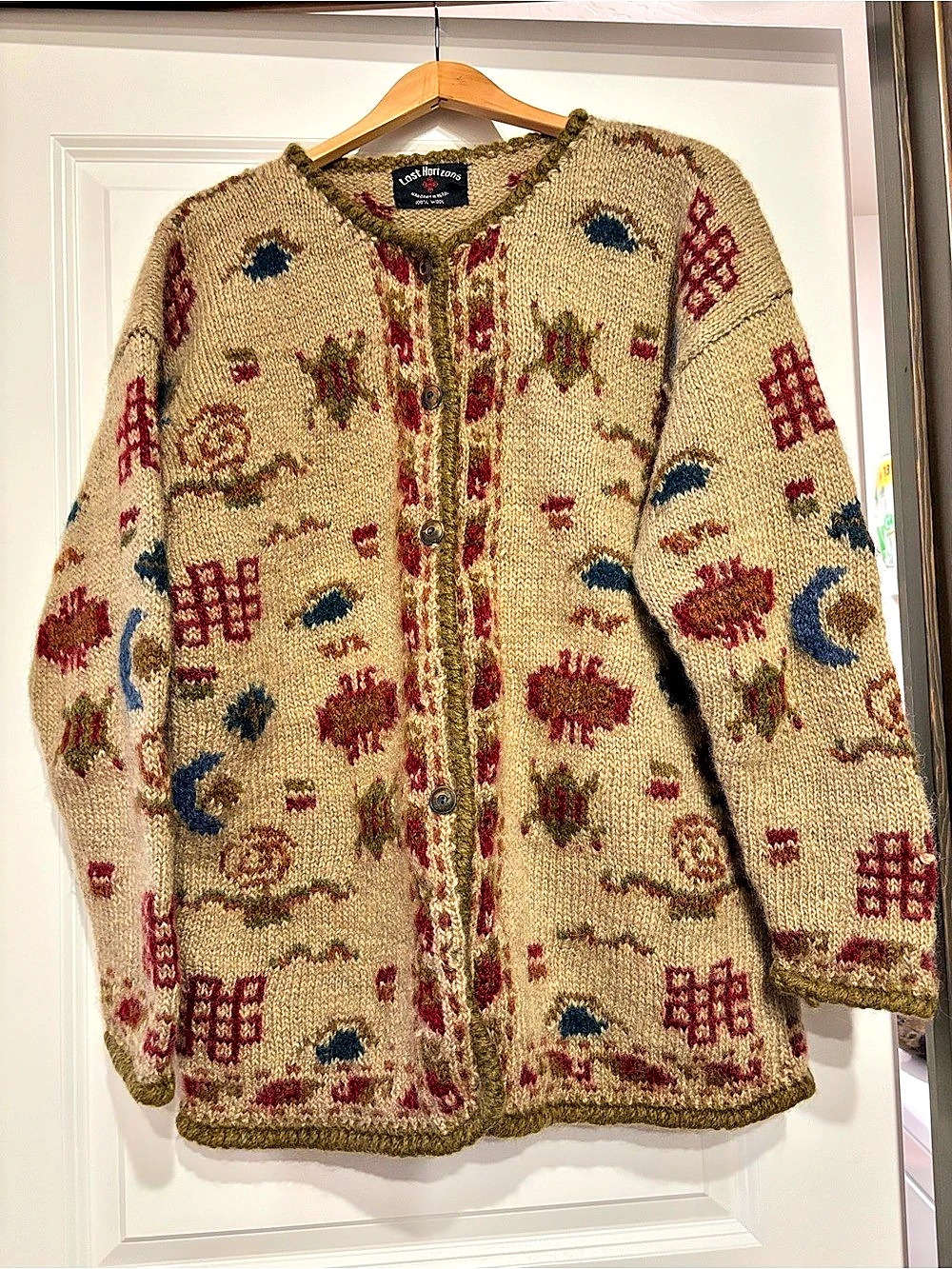 Vintage Lost Horizons Cardigan Hand Knit in Nepal 100% Wool L/XL